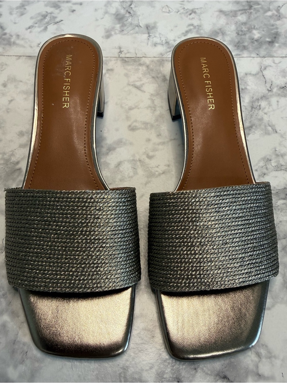 Marc Fisher Metallic Pewter Wide-Band Slide Mules Sz 8